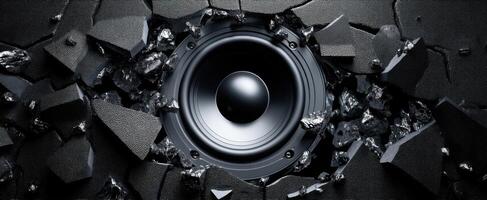 The powerful speaker breaking through a textured black surface with dynamic energy. photo