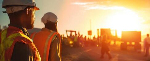 The construction workers observing the sunset on a bustling job site. photo