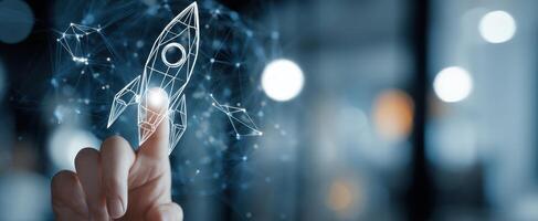 The hand initiating a rocket launch in a digital world of possibilities photo
