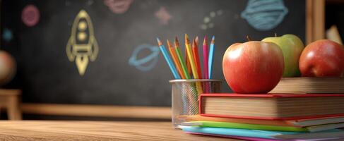 The vibrant apples and colorful stationery on a classroom desk. photo
