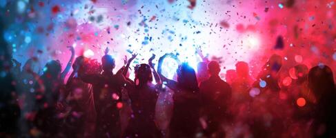The vibrant celebration with dancing silhouettes and colorful confetti in the air. photo