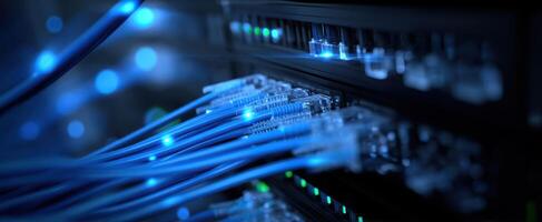 The modern data center with illuminated blue network cables and servers. photo