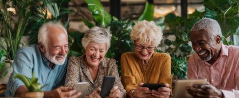 The joyful seniors enjoying technology together in a vibrant indoor setting. photo