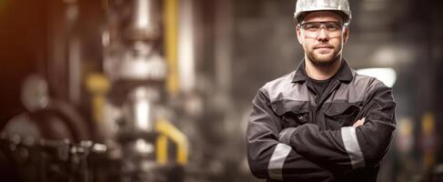 The confident worker in a safety helmet and protective gear at the factory. photo