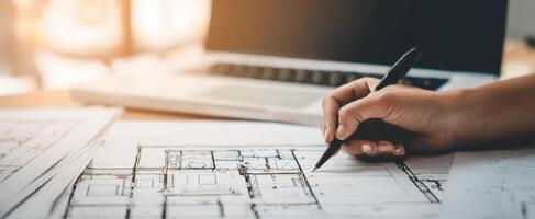 The hand drawing architectural plans with a laptop in a modern workspace. photo