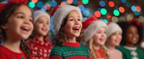 Children in christmas sweaters and hats singing photo