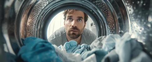 A man looking through a washing machine photo