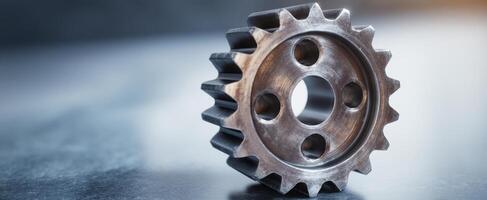 The detailed close-up of a metallic gear with a reflective surface. photo