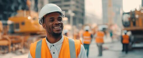 The smiling construction worker showcasing teamwork on a busy site. photo