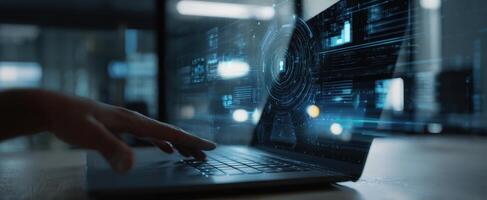 The laptop displaying futuristic digital data and cybersecurity interface. photo