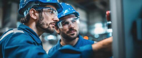 The engineers collaborating on machinery setup in a modern industrial setting. photo