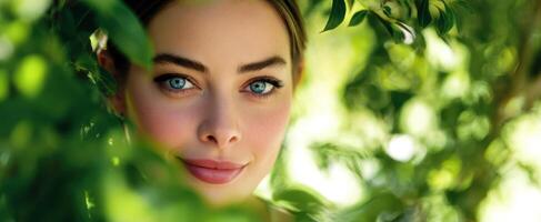 The captivating woman framed by lush greenery in natural sunlight photo