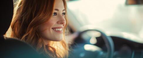 The smiling woman enjoying her drive in a sunny car interior. photo