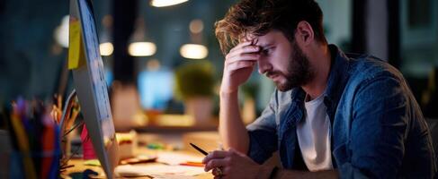 The stressed man contemplating ideas at his desk while working late. photo