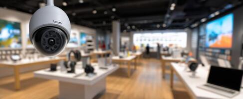 The surveillance camera watching over a modern electronics store interior. photo