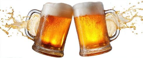 The delightful moment of two beer mugs clinking together in celebration. photo