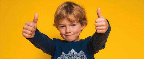 The cheerful boy giving thumbs up against a bright yellow background. photo