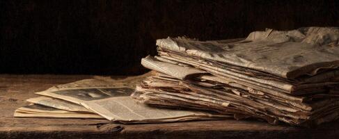 The vintage stack of newspapers on a rustic wooden surface photo