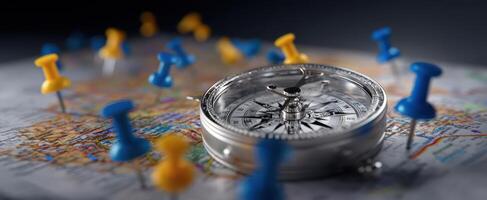 The compass resting on a map surrounded by colorful push pins. photo