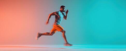 The athlete in motion exhibiting speed and determination against a vibrant backdrop. photo