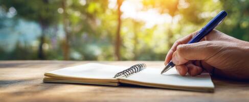 The hand writing in a notebook surrounded by nature and soft sunlight. photo