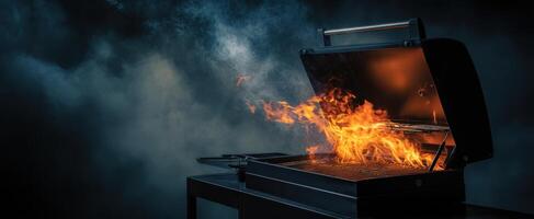 The grill with flaming fire creates a dramatic cooking atmosphere. photo