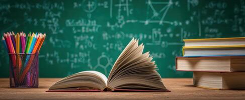 The open book on a desk amidst colorful stationery and a blackboard backdrop. photo