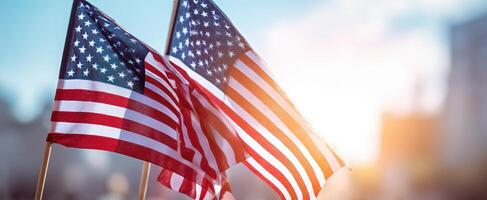 The American flags waving proudly in a vibrant sunset atmosphere. photo