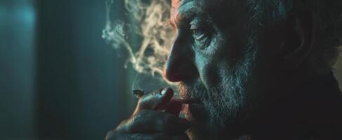 The contemplative man smoking in dimly lit surroundings. photo