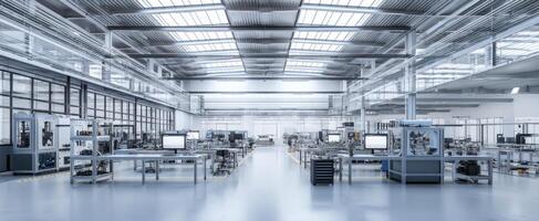 The spacious industrial workshop featuring advanced machinery and modern technology. photo