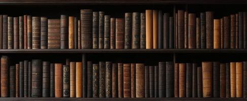 The vintage bookshelf filled with classic literature and antique books. photo