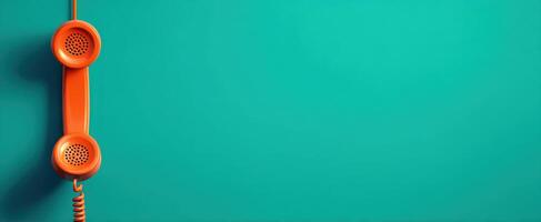 The vibrant orange telephone receiver against a teal background creating a retro vibe. photo