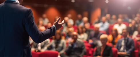 The speaker engaging with an audience at a professional business conference. photo