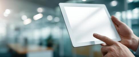 The sleek tablet being used for modern business interactions in an office environment. photo