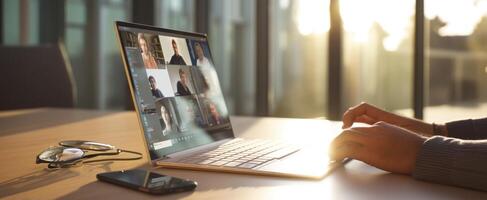 The laptop showing a virtual meeting with participants engaged in discussion. photo