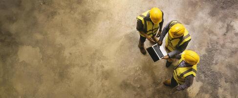 The construction workers collaborating on a project with a laptop in hand. photo