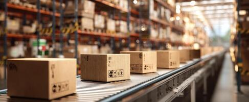 The busy warehouse showcasing packages moving along an automated conveyor system. photo