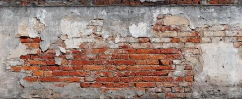 The weathered brick wall displays intricate textures and charming decay. photo