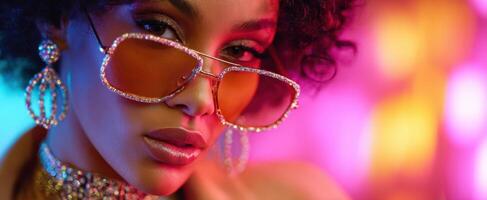 The confident woman in stylish sunglasses in a vibrant and colorful setting. photo