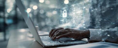 The secure digital workspace with hands typing on a laptop and encryption visuals. photo