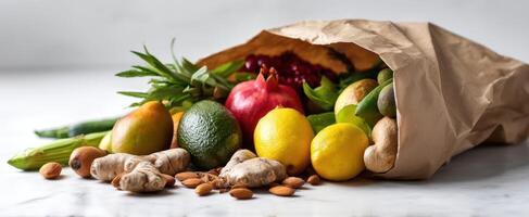 The vibrant assortment of fresh fruits and vegetables spilling from a brown paper bag. photo