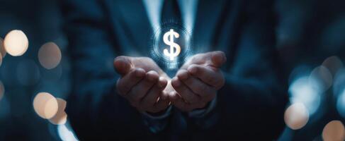 The Hands Holding a Glowing Dollar Symbol Representing Financial Growth photo