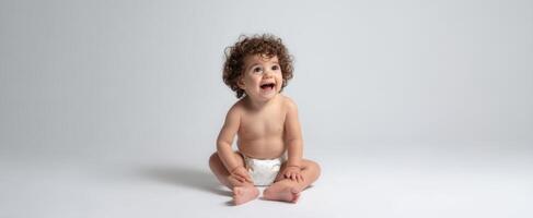 The joyful baby sitting and smiling in a minimalistic, serene environment. photo