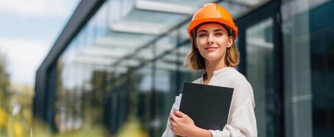 The confident engineer with an orange helmet in a modern construction environment. photo