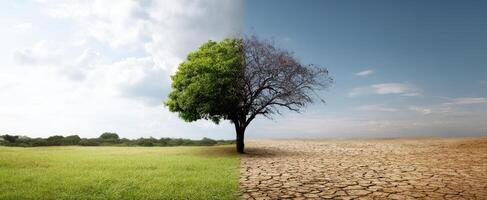 The striking contrast of a vibrant tree against a dry landscape background. photo
