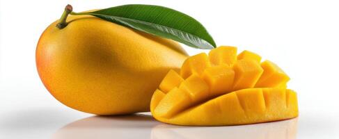 The Mango with Leaf and Sliced Segments on White Background photo