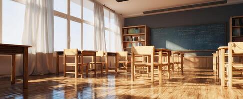 The classroom space filled with natural light and minimalist furniture design. photo