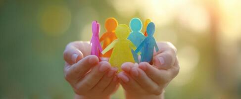 The hands holding colorful paper figures representing community and togetherness. photo
