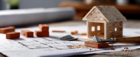 The intricate model of a wooden house alongside construction blueprints and tools. photo