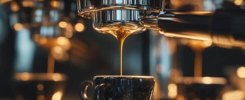 The espresso machine extracting rich coffee in a stylish kitchen setting. photo